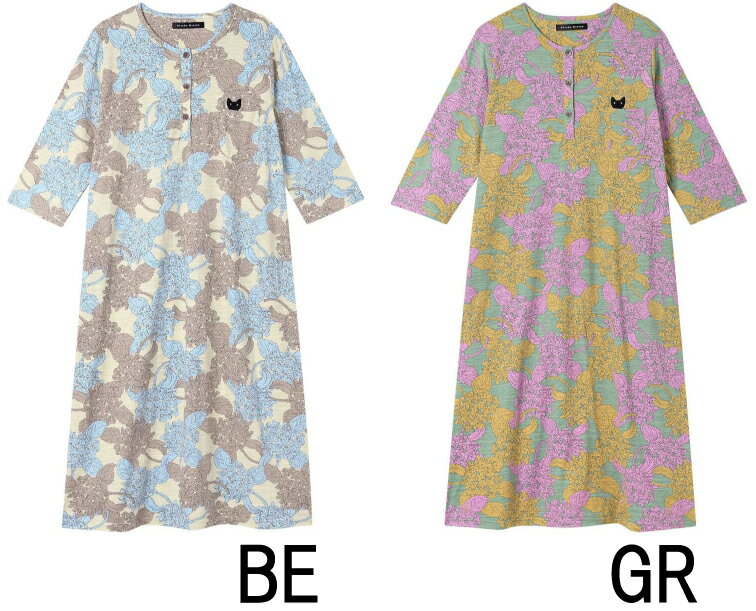 15％OFF【送料無料】ワコール アツコマタノ 2026春夏＜紫陽花柄＞前開きタイプ 7分袖・ロング丈（ふくらはぎ付近）ラウンドネック ワンピース（綿100％）HNT225 2