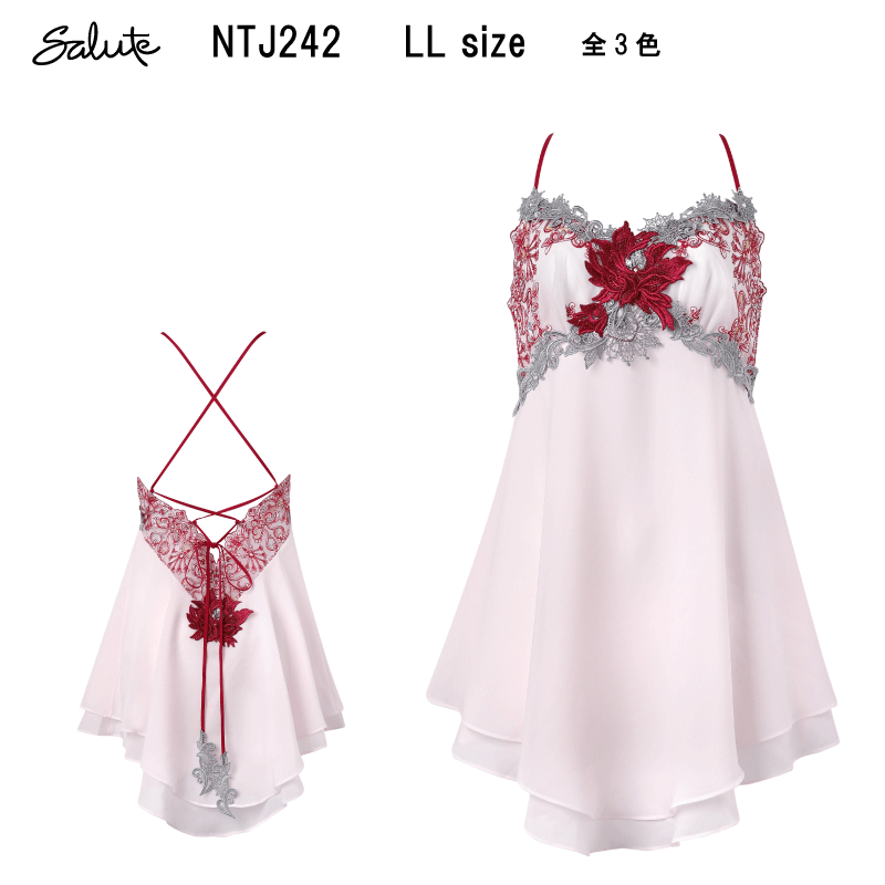 コーディネイトアイテム（別売り） 【サイズ】 LLサイズ　トップバスト93～101CM 【特徴】 リッチ感のあるランジェリーが日常に優雅なエッセンスをプラス。 はっきりとしたコントラストが織り成すサントリーニ島の素晴らしい景色からインスピレーションを受けた幻想的なデザイン。 豊かな色彩が特徴的なタイル模様をモチーフにしたレースが、胸もとを彩ります。 存在感のあるアップリケは、鮮やかなブーゲンビリアの花と、エーゲ海の風にまわる風車をイメージ。 スカートは透けにくい二枚仕立てで、安心感と歩くたびに揺れる華やかさを両立しました。 背中のレースアップで大胆かつ上品に肌魅せ。 優美なドレープのフレアーシルエットが、まるでリゾートドレスを纏っているような気分を演出します。 ●ふわっと軽やかな着ごこち 　ほどよい透け感のシフォンを使用 ・胸もとと後ろ上辺のレースには刺繍の柄に合わせたプリントレースを使用 ・アップリケにはスワロフスキー・クリスタルを使用（後ろのリボンをのぞく） ・胸もとと後ろ上辺のレースと胸もとのアップリケにはラメ糸を使用 ・後ろ中心のアップリケにはラメ糸を使用（PIカラーをのぞく） ・カップ上辺と下辺、後ろのリボンのアップリケにはラメ糸を使用（GYカラーをのぞく） ・アップリケはブーゲンビリアの花をイメージ 手洗い ※お洗濯は、必ず「取り扱い表示」にしたがってください。 【主素材】 ポリエステル100％、(スリット糸使用） メーカー希望小売価格はメーカー商品タグに基づいて掲載していますワコール サルート＜42グループ＞ランジェリードレス LLサイズ Wacoal Salute NTJ242
