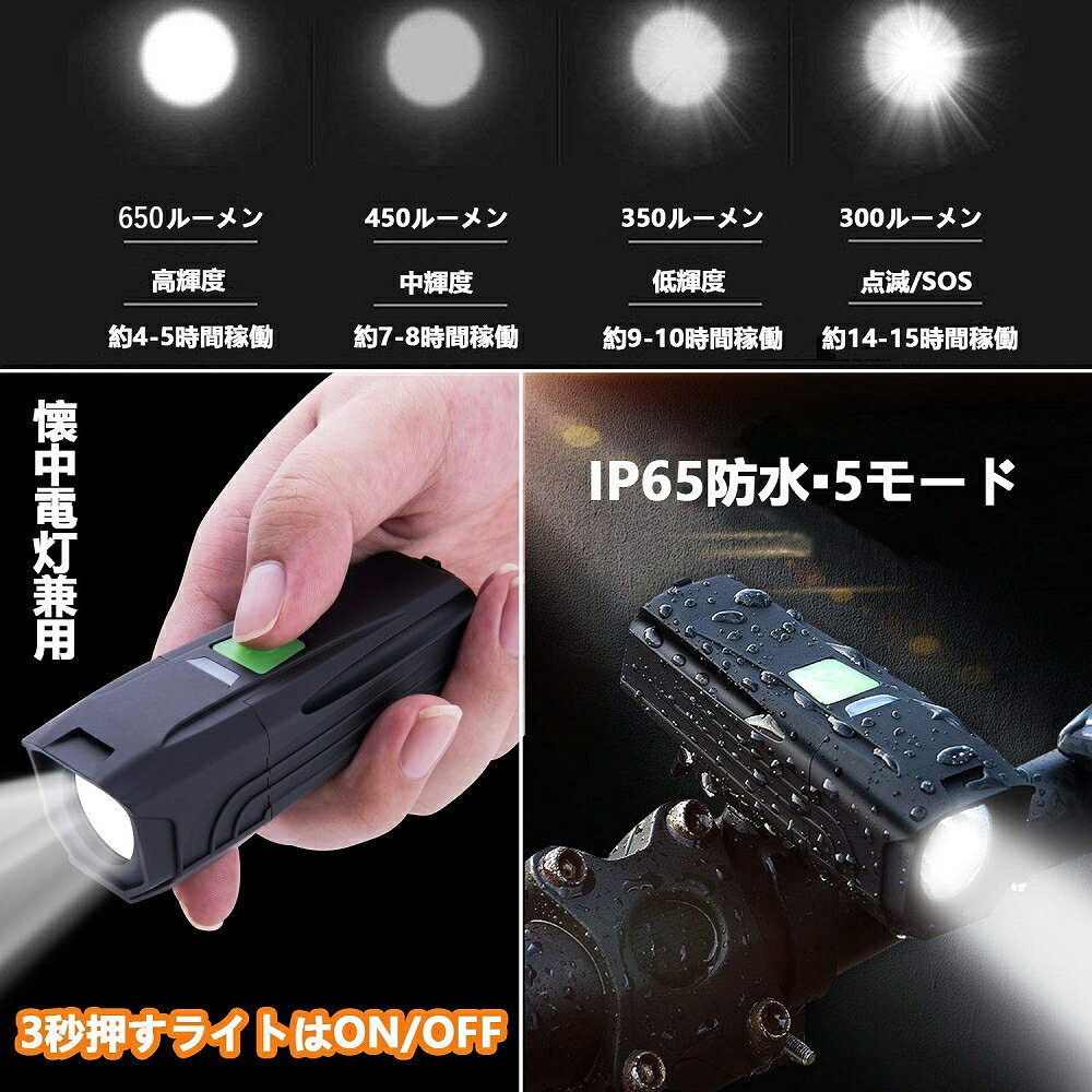 COOPO 自転車ライト IP65 防水 650ルーメン 2000mah 大容量バッテリー LEDヘッドライト 高輝度 ロードバイク USB充電式 5モード点灯 取付簡単 防振 アルミ合金製 懐中電灯兼用 CP-LR-Y7-BLACK通販格安セール情報 楽天 通販