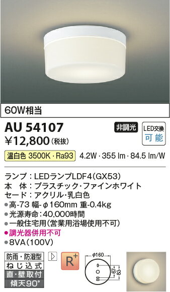 コイズミ照明　AU54107　アウトドアライト 非調光 LEDランプ 温白色 防雨・防湿型 直付・壁付取付 ファインホワイト 2