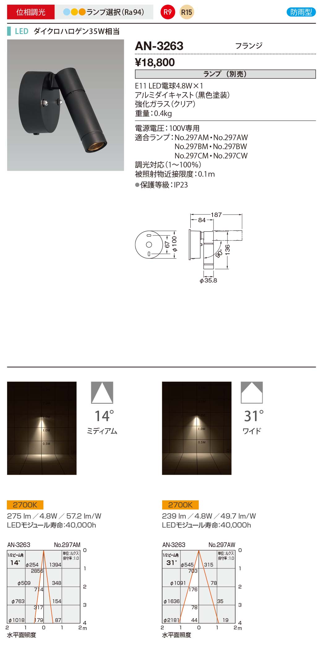 山田照明(YAMADA) AN-3263 エクステリア スポットライト 位相調光 ランプ別売 LED電球 電球色 フランジ 防雨 黒色 [♪] [2]