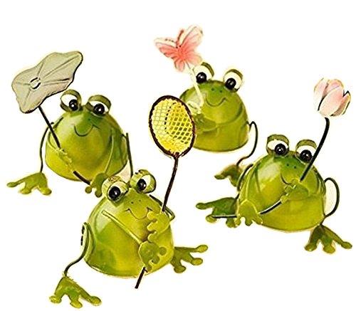 幸運をもたらす 4匹の小さなカエル プチ 置物 プレゼント インテリアとしても最高 ブリキ で作られた かわいい 蛙 の オブジェ （葉