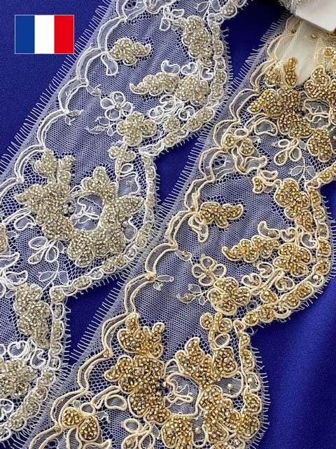 Cotton （Patterned Cloth） - 222073 舶来 細巾 コード スカラ 竹ビーズ付き レース付属 ブライダル ウェディング 発表会 コーラス コスプレ衣装 ステージ衣装 装飾 ブレード 衣装生地 コスチューム ドレス フランス製 ハンドメイド 高級
