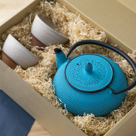 【送料無料】南部鉄器 急須 青 信楽焼 湯呑 白 2個セット アラレ 0.6L トルコブルー カラーポット 伝統工芸 カラー 日本製 北欧 ティーポット シンプル モダン 霰 ロジアソシエイツ Roji ギフト 贈り物 おしゃれ かわいい 鉄器 鉄瓶 お茶 和食器 ホーロー 岩手 おすすめ