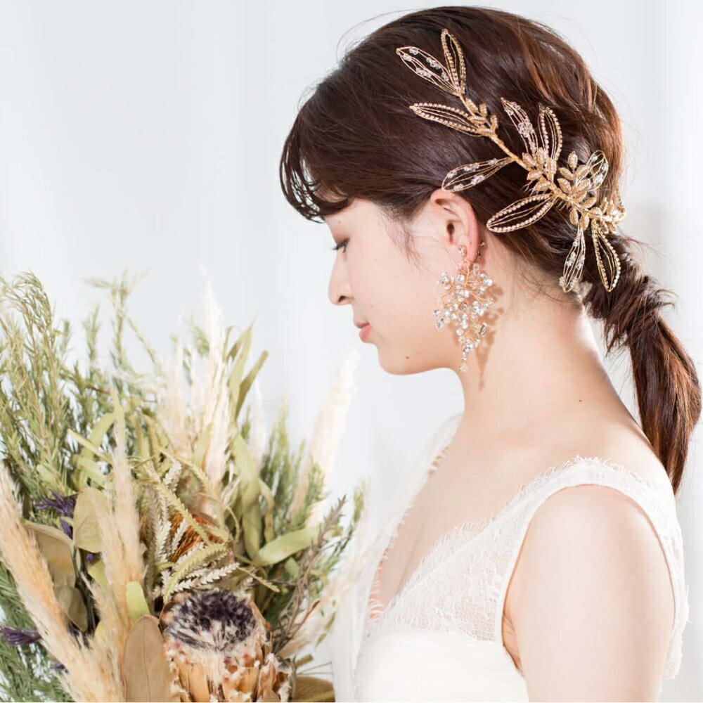 【ヘッドドレス】ゴールドワイヤーリーフクリスタル ブライダルアクセサリー 【結婚式 ヘアアクセサリ..