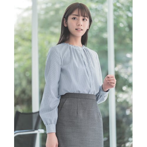 ENJOY(カーシーカシマ) 事務服 長袖ブラウス EWB803 レディース 形態安定 吸汗速乾 ホワイト/ネイビーストライプ 5号-17号