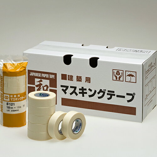 強粘着タイプのゴム系粘着剤を使用したマスキングテープ。仮止め・建築塗装等幅広くご使用できます。建築養生に最適な強粘着タイプ粘着力,強度,手切れ性のバランスにより作業性良好。建築塗装現場を中心に外壁から内装の養生まで幅広い用途に使用出来ます。<用途>・一般建築用注:テープ類は開梱されますと、返品がお受けできなくなります。サイズ等注意してご注文ください。 商品仕様 ・長さ:18m　・基材:和紙　・カラー:白色　・厚さ:0.093mm　・粘着力:1.72N/10mm　・引張強さ:32.8N/10mmリンレイテープ #121 和紙マスキングテープ