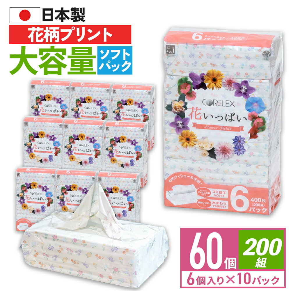  花いっぱい 200組 大容量 60個 ( 6個 × 10パック ) ティッシュ ソフトパック コアレックス ケース販売 国産 日本製 柔らかい ティッシュー ティッシュペーパー 箱 業務用 大量 大容量 長持ち 箱買い エコ まとめ買い 予備 防災 備蓄