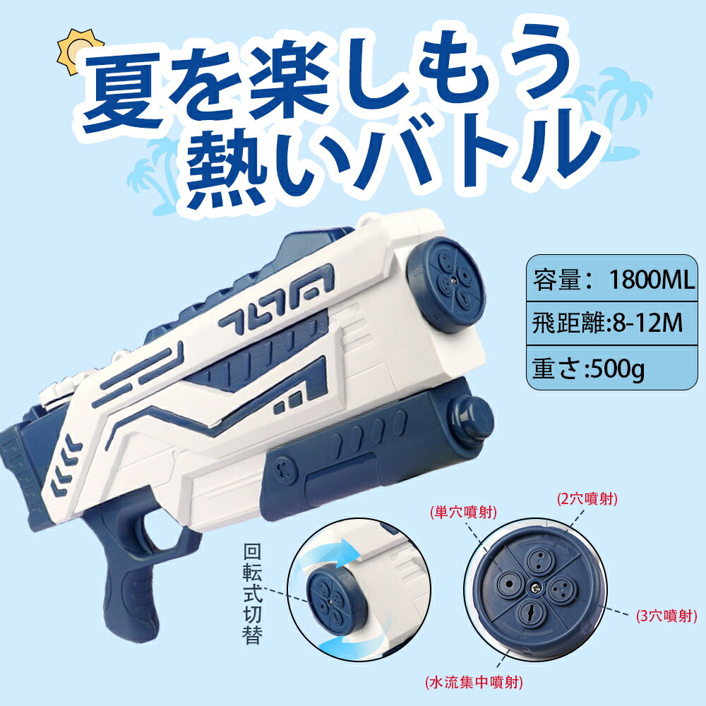 【セール後の感謝！全品10%OFF】マルチモード水鉄砲 最新型水鉄砲 水遊び ウォーターガン 4段階噴射切替 最大飛距離12m プルバック式 強力 連射可能 1800cc 大容量アウトドア水遊び 水合戦 海 川 プール お風呂 水掛け祭りおもちゃ 子供用 大人 夏祭り