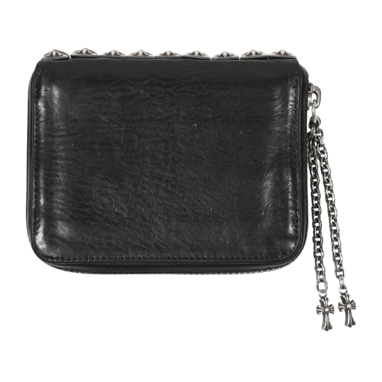 クロムハーツ CHROME HEARTS 3サイドジップ サイドピラミッドスタッズ 3 SIDE ZIP 【シルバー折り財布 ラウンドジップ】 アクセサリー シ...