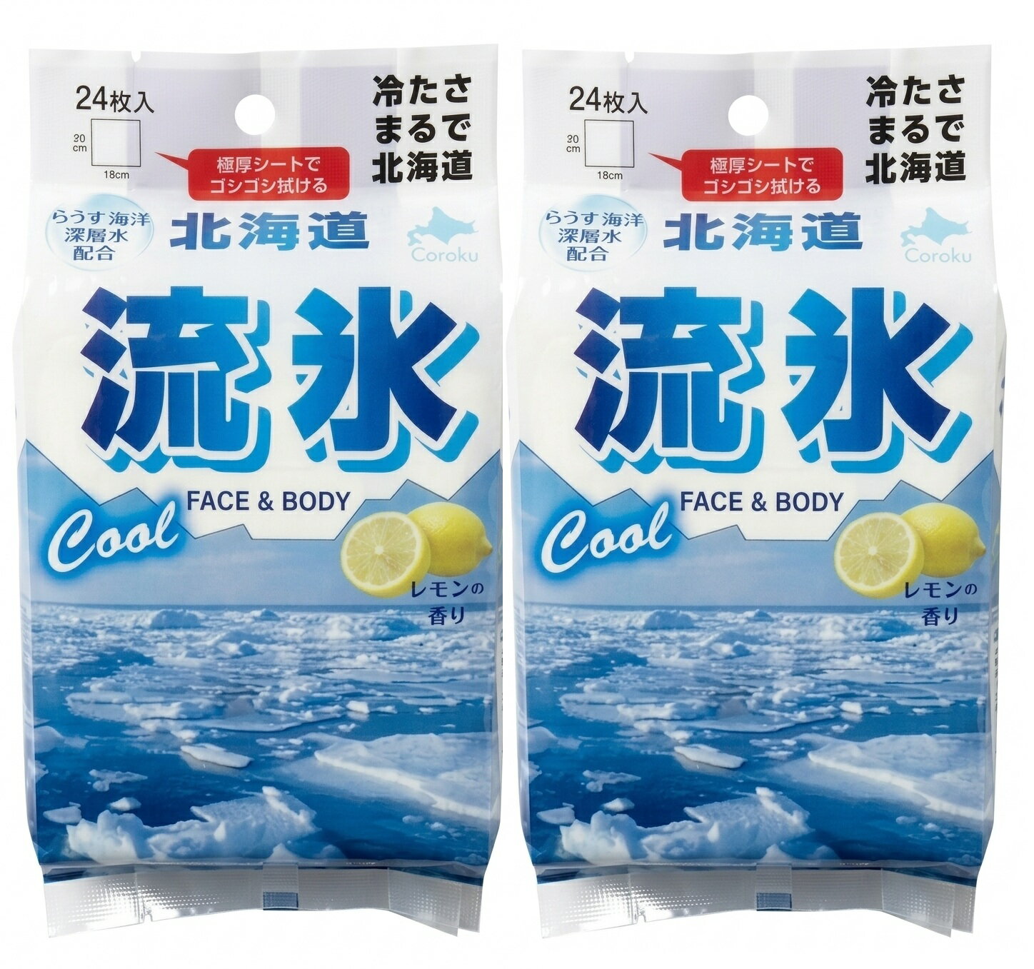 流氷ボディシート 冷感タイプ 商品説明 ※パッケージ等予告なく変更になる可能性がございます。予めご了承ください 極寒体験！オホーツクの涼を全身に。 夏の暑さにさよなら！流氷の冷たさを実感。 スッキリ爽快！レモンの香りでリフレッシュ。 北海道の恵み！らうす海洋深層水配合。 全身くまなく使える大判シート！ 使用方法 シートを取り出し、しっかりと肌をふいてください。 手の平サイズに折りたたんで使うのがおすすめです。 ※使用後はシール接着面のシワをのばしてから、シールをきちんと閉めてください。 ※乾燥による品質の劣化を防ぐため、開封後はなるべくお早めにお使いください。 ※液がたっぷりなので、カバンの中などで強く押されると、液がしみ出る場合があります。 注意事項 ・メントールの冷感刺激に弱い方、アルコール過敏症の方、特に肌の弱い方、乳幼児は使わない。 ・傷、はれもの、湿疹等異常のあるところ、顔、粘膜、除毛直後には使わない。 ・肌に長時間密着させて使わない。 ・肌に異常が生じていないかよく注意して使う。肌に合わない時、使用中に赤み、はれ、かゆみ、刺激、色抜け(白斑等)や黒ずみ等の異常が出た時、直射日光があたって同様の異常が出た時は使用を中止し、皮フ科医へ相談する。使い続けると症状が悪化することがある。 ・目に入った時は、すぐに充分洗い流す。 ・シートは水に溶けないので、トイレ等に流さない。 ・家具、床、電気製品等をふかない。 ・高温の場所、直射日光のあたる場所には置かない。 ※効果には個人差があります。 すべての方に効果を保証するものではありません。 発売元 株式会社 小六