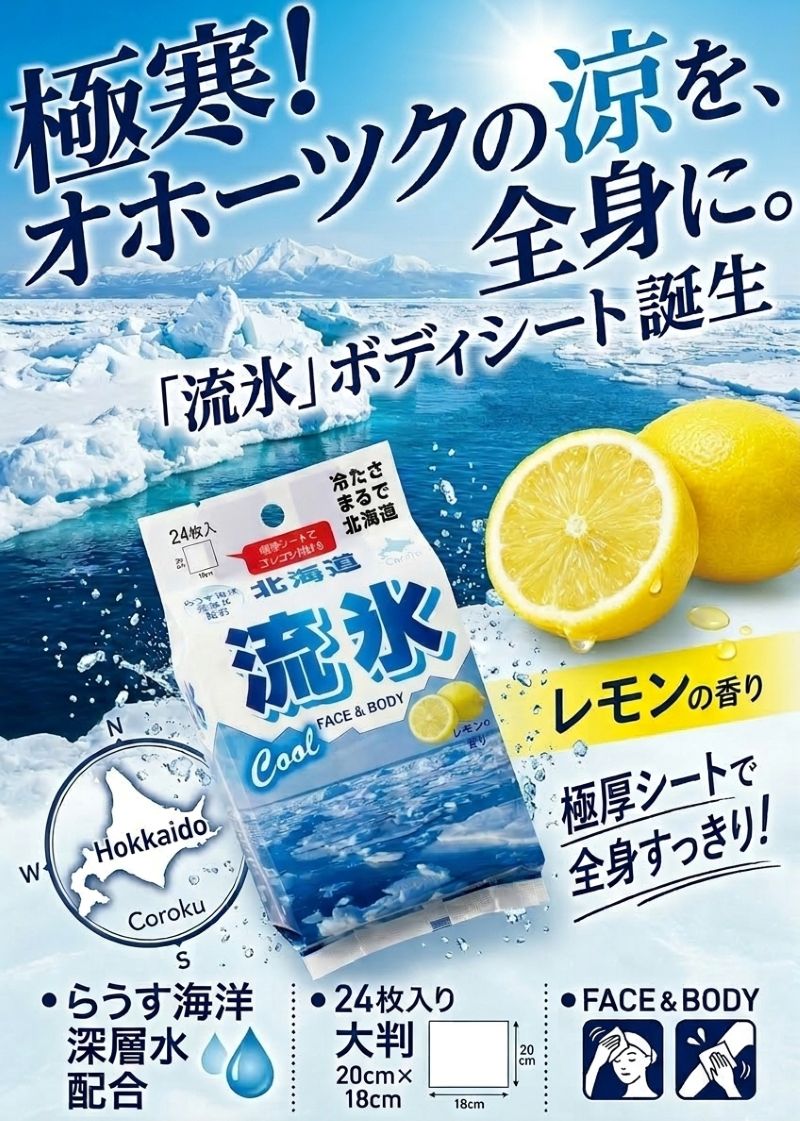 6個セット／流氷極厚シート フェイス＆ボディシート24枚 オホーツク 冷感 海洋深層水 爽快 レモンの香り 極寒 夏の暑さにさよなら！流氷の冷たさを実感 北海道 小六 coroku 送料無料 corokushop-10010928 北海道小六 サンプル画像2