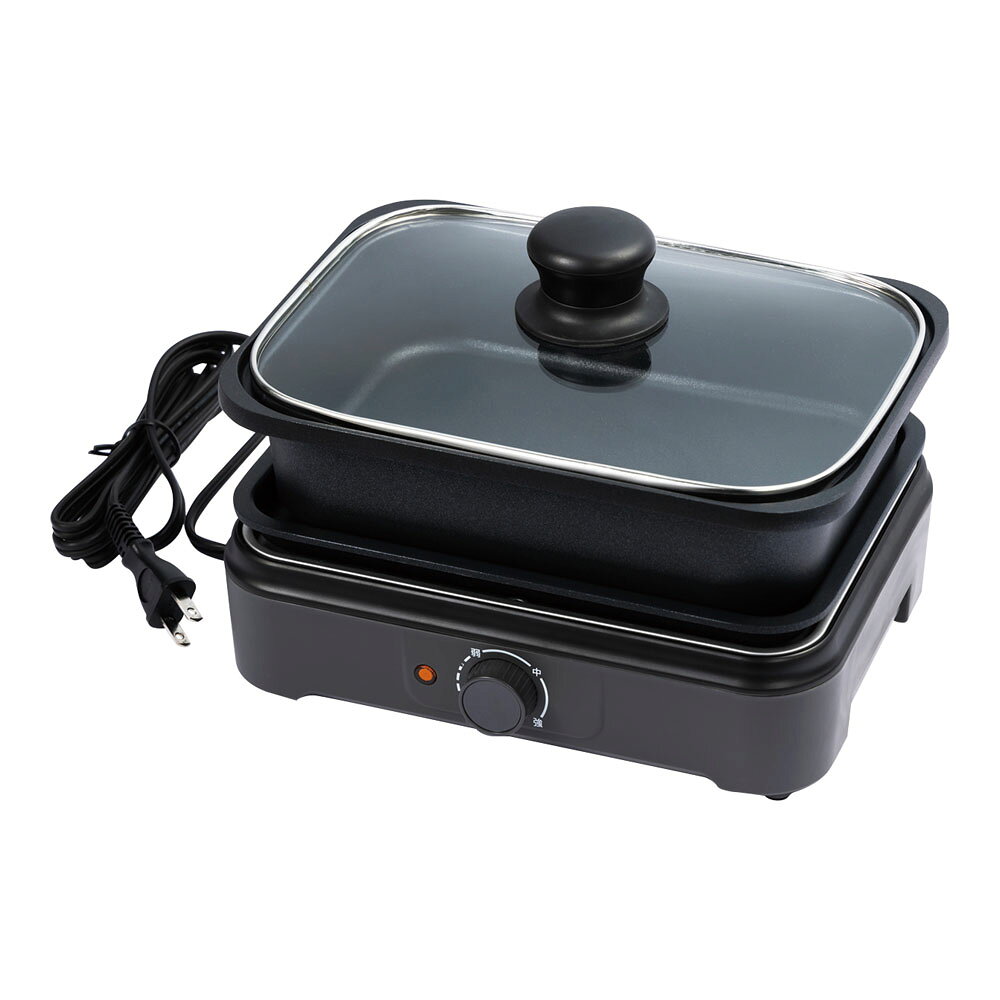 【アビテラックス　マルチグリル鍋　APN15GS-H】 ●サイズ：243mmx191mmx高さH67mm ●電源：単相100V　50/60Hz ●消費電力：800W ●プレートサイズ：234mmx173mmxH32mm ●鍋サイズ：246mmx184mmxH63mm ●温度調節範囲：無段階温度調節約90℃〜230℃ ●コード長さ：1.8m ●質量：2.1kg ■脱着式の焼肉/深型プレートで焼く、煮るの2役を1台でこなすマルチグリル鍋！ ■コンパクトで1〜3人でちょうどいいサイズです。 ■プレート、鍋はフッ素加工が施されているので後片付けが簡単です。