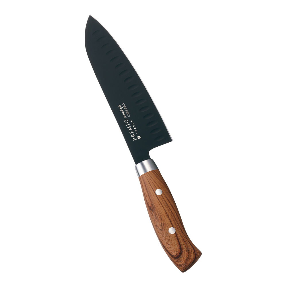 【プレミオ　ナチュラルスタイル　三徳包丁　ブラック　31552】 ●サイズ：刃渡り16.5cm（全長297mm）/背厚1.9mm ●重量：100g ●材質（刃）：モリブデンバナジウム鋼（シリコンコーティング） ●材質（ハンドル）：ABS樹脂（木目転写） ■鋭い切れ味で、汚れも付きにくく、洗いやすい！ ■扱いやすく、毎日使いに適している包丁。 ■木目調のデザインがキッチンに調和します。