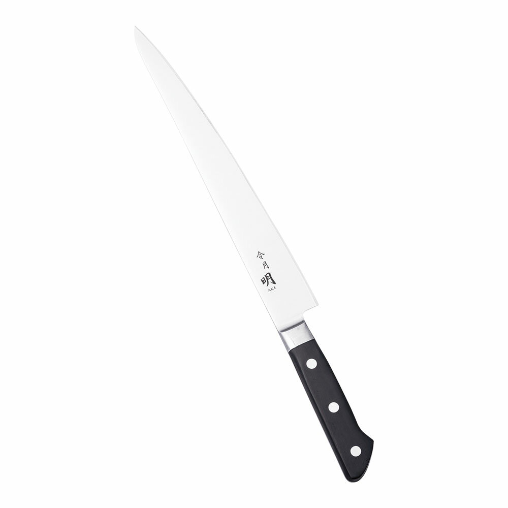 【令月　明　モリブデン鋼　口金付　筋引　両刃　FC-0105　27cm】 ●サイズ：刃渡り270mm/全長400mm　背厚2.5mm ●重量：215g ●材質（刃）：モリブデンバナジウム鋼 ●材質（ハンドル）：POM樹脂 ●材質（口金）：18-8ステンレス鋼 ●原産国：日本 ※画像は代表画像になります。（サイズをご確認下さい） ■刀身は耐蝕性と切れ味の持続性に優れたモリブデンバナジウム鋼を使用。 ■日本が誇る職人達が丁寧に仕上げた「令月シリーズ」、耐久性も使い易さも抜群の包丁です。 ■ハンドルと刀身の間に口金を付け、雑菌が溜まりにくく衛生的です。