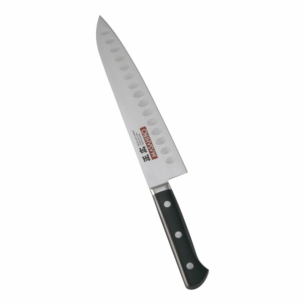 正広　MV-H鋼　ディンプル　シェフナイフ　両刃　24cm　14982　プラ柄　AMS-L3[関連：マサヒロ MASAHIRO 日本製 抗菌 洋包丁 庖丁 牛刀 精肉 サーモンナイフ]