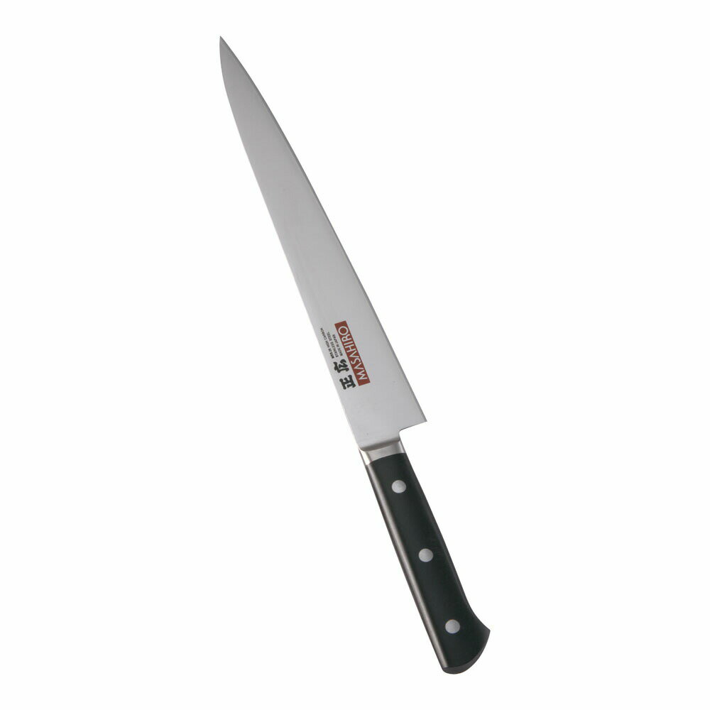 【正広　MV-H鋼　スライサー　両刃　24cm　14917　プラ柄】 ●サイズ：刃渡り240mm/全長360mm　背厚2.5mm ●重量：155g ●材質（刃）：特殊ステンレス刃物鋼 ●材質（ハンドル）：アセタール・コポリマー樹脂（抗菌剤入） ●原産国：日本 ■三段階に渡る本焼き入れにより、高い焼き入れ硬度と金属結晶粒子の極細化が、切れ味の持続性と研ぎ易さを一段と向上させています。 ■耐久性に優れた抗菌剤入りアセタール・コポリマー樹脂を使用したシリーズ。 ■刀身は、錆に強く切れ味の持続性に優れたハイカーボンステンレス鋼を使用。
