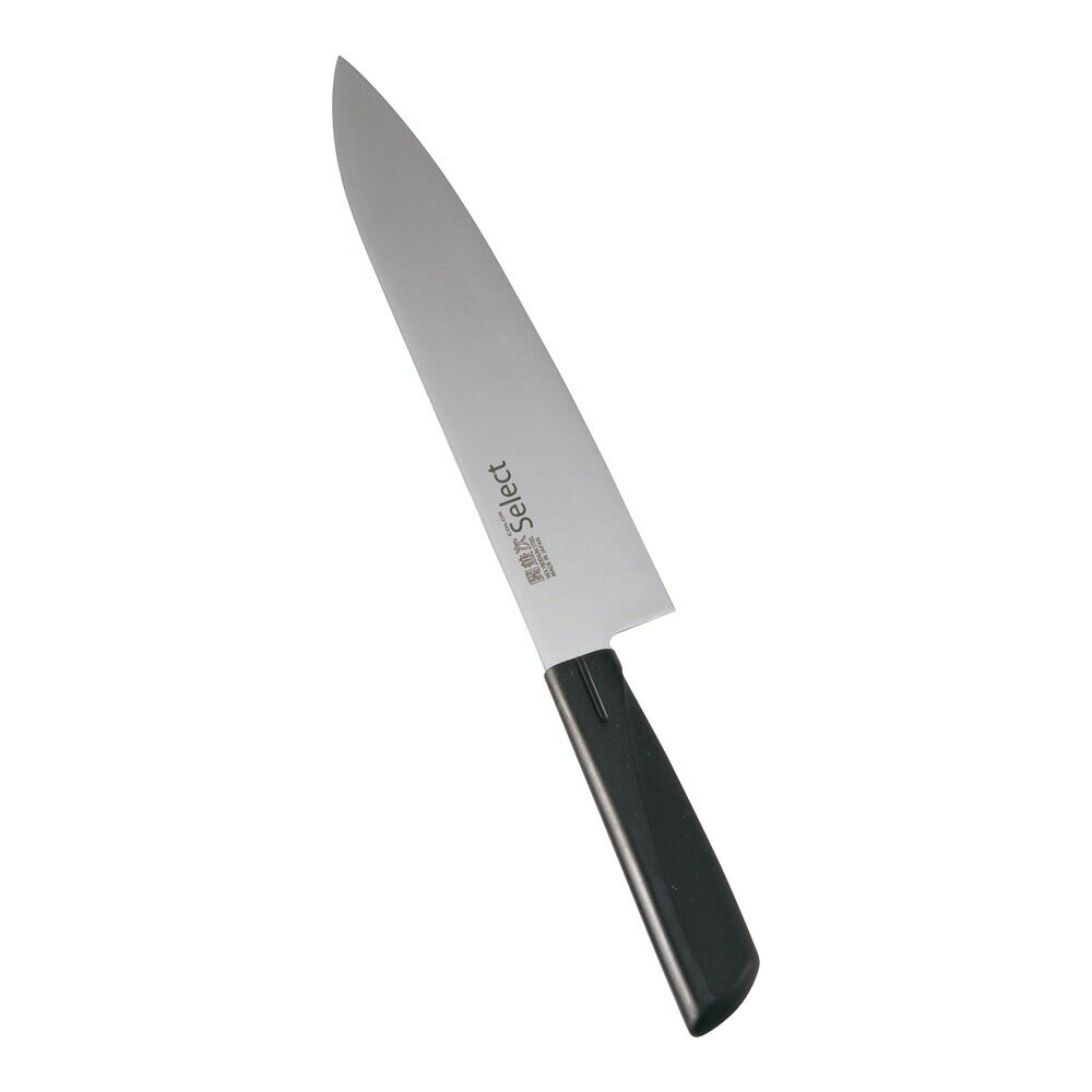 【関兼次　カラーセレクト　牛刀　両刃　21cm　3015-BK　ブラック】 ●サイズ：刃渡り210mm（全長335mm） ●重量：120g ●背厚：1.9mm ●材質（刃）：大同特殊鋼製モリブデン・バナジウム・ステンレス鋼 ●材質（ハンドル）：三菱樹脂製ゼラス ●原産国：日本 ■食材別に包丁を使い分け、匂いが他の食材に移らずおいしく調理する事が出来ます。 ■使い分けをわかり易くする為に、ハンドルの色を全5色展開。 ■形状を馴染みの良い洋型にし、シンプルながら使い易さを考慮したデザイン。 ■ハンドルには、ゼラス（三菱化学製ホモポリプレン樹脂）という樹脂を使用しています。 ■柔らかい感触のため医療用にも使われています。 ■日本刀の形状であるハマグリ刃に仕上げています。 ■抜群の切れ味と、その持続性を保証します。また、研ぎ直しも容易にできます。 ■サブゼロ処理という、焼き入れ後に−70℃以下に冷却する特殊な処理を施す事で高い硬度と靭性を実現。 ■「折れず・曲がらず・良く切れる」を実現しました。 ■スーパーの調理場や食品工場、レストランなど衛生管理用としてはもちろん、ご家庭用としても好みのカラーでキッチンを演出できます。