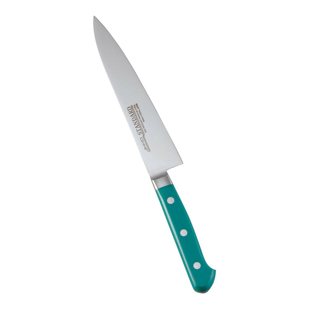 【堺實光　スタンダード　抗菌　プラ柄　ツバ付　ペティナイフ　両刃　15cm　緑　56043】 ●サイズ：刃渡り150mm（全長265mm） ●重量：85g ●背厚：1.5mm ●材質（刃）：モリブデンバナジウム鋼 ●材質（ハンドル）：POM樹脂（耐熱温度150℃） ●原産国：日本 ■食材別に包丁を使い分け、匂いが他の食材に移らずおいしく調理する事が出来ます。 ■抗菌カラーハンドルで、食材別に使い分けるのに便利です。 ■モリブデン鋼でサビに強く、耐久性に優れています。 ■スーパーの調理場や食品工場、レストランなど衛生管理用としてはもちろん、ご家庭用としても好みのカラーでキッチンを演出できます。