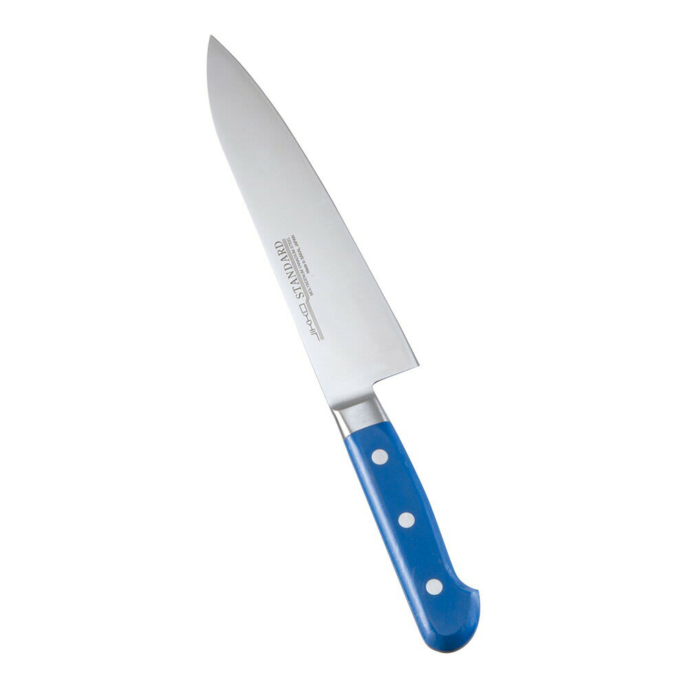 【堺實光　スタンダード　抗菌　プラ柄　ツバ付　牛刀　両刃　18cm　青　56004】 ●サイズ：刃渡り180mm（全長305mm） ●重量：170g ●背厚：2.1mm ●材質（刃）：モリブデンバナジウム鋼 ●材質（ハンドル）：POM樹脂（耐熱温度150℃） ●原産国：日本 ■食材別に包丁を使い分け、匂いが他の食材に移らずおいしく調理する事が出来ます。 ■抗菌カラーハンドルで、食材別に使い分けるのに便利です。 ■モリブデン鋼でサビに強く、耐久性に優れています。 ■スーパーの調理場や食品工場、レストランなど衛生管理用としてはもちろん、ご家庭用としても好みのカラーでキッチンを演出できます。