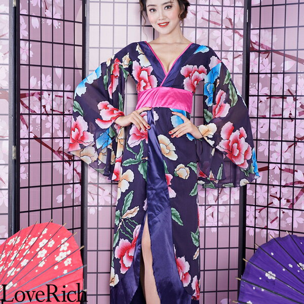 フラワーロング着物ドレス 和柄 花魁 キャバドレス （チェリーピンク） Love Rich コスプレ セクシー 花魁 着物 浴衣 キャバ ギャル ナイトドレス ハロウィン イベント コスチューム 可愛い 衣装 1