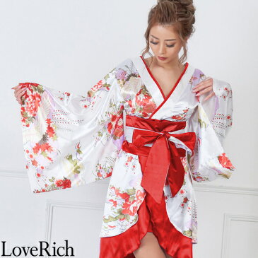 和柄着物ドレス 和柄 衣装 花魁 キャバドレス （ホワイトレッド） Love Rich コスプレ セクシー 花魁 着物 浴衣 キャバ ギャル ナイトドレス ハロウィン イベント コスチューム 可愛い 衣装