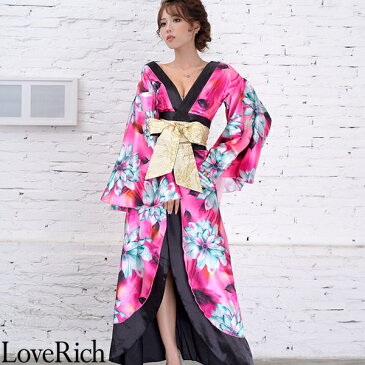 サテン花柄ロング着物金帯ドレス 衣装 花魁 キャバドレス (チェリーピンク) Love Rich コスプレ セクシー 花魁 着物 浴衣 キャバ ギャル ナイトドレス ハロウィン イベント コスチューム 可愛い 衣装