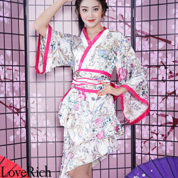華やかサテン和柄ロング着物ドレス 衣装 花魁 キャバドレス (ホワイト) Love Rich コスプレ セクシー 花魁 着物 浴衣 キャバ ギャル ナイトドレス ハロウィン イベント コスチューム 可愛い 衣装