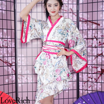 華やかサテン和柄ロング着物ドレス 衣装 花魁 キャバドレス （ホワイト） Love Rich コスプレ セクシー 花魁 着物 浴衣 キャバ ギャル ナイトドレス ハロウィン イベント コスチューム 可愛い 衣装