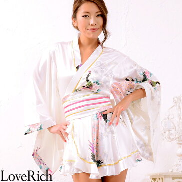 孔雀柄ミニ着物ドレス 和柄 衣装 花魁 キャバドレス （ホワイト） Love Rich コスプレ セクシー 花魁 着物 浴衣 キャバ ギャル ナイトドレス ハロウィン イベント コスチューム 可愛い 衣装