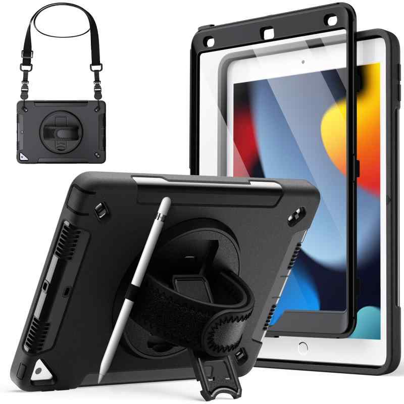 JEDirect iPad 10.2インチ ケース (第9/8/7世代、2021/2020/2019モデル) 液晶保護フィルム付き 保護耐衝撃頑丈なタブレットカバー 360°回転ハンドストラップスタンド (ブラック)