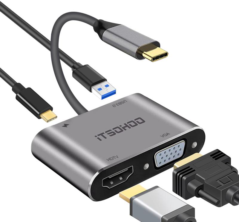 USB Type C HDMI VGA ϊA_v^ iTSOHOO USB ^CvC HDMI nu 4 in 1 to 4K UHD HDMI|[g+USB 3.0|+VGA|[g+Typec PD[d|[g ϊA_v^Ή MacBook Pro / AirA iMac/Surface Go/Galaxy S20 / USB C foCX