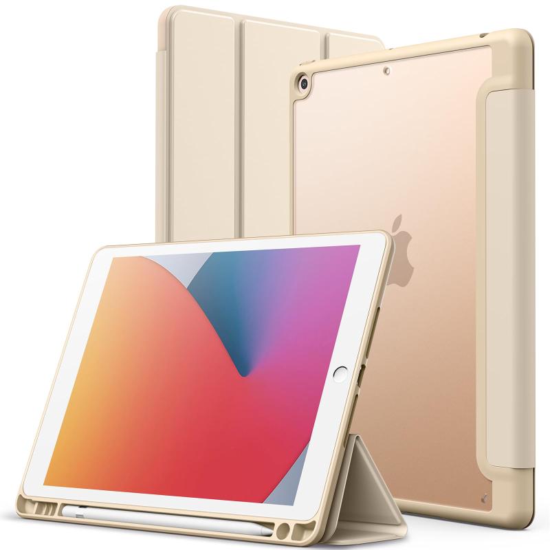 JEDirect iPad 9/8/7 マットケース（10.2インチ、 2021/2020/2019モデル、 第9/8/7世代用）Pencilホルダー つや消しの半透明の背面 薄型 スタンド 保護 タブレットカバー (ゴールド)