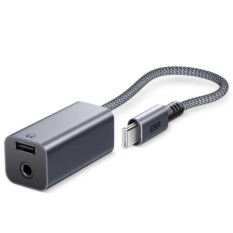 ESR USB Cイヤホンアダプター 2-in-1 USB C to 3.5 mmヘッドホンジャックアダプター PD急速充電 持ち運びに便利 iPad 10/Air5/mini 6/Pro 12.9/Pro 11(2018以降) Galaxy S22/S21/S20/Note20などに対応 グレー