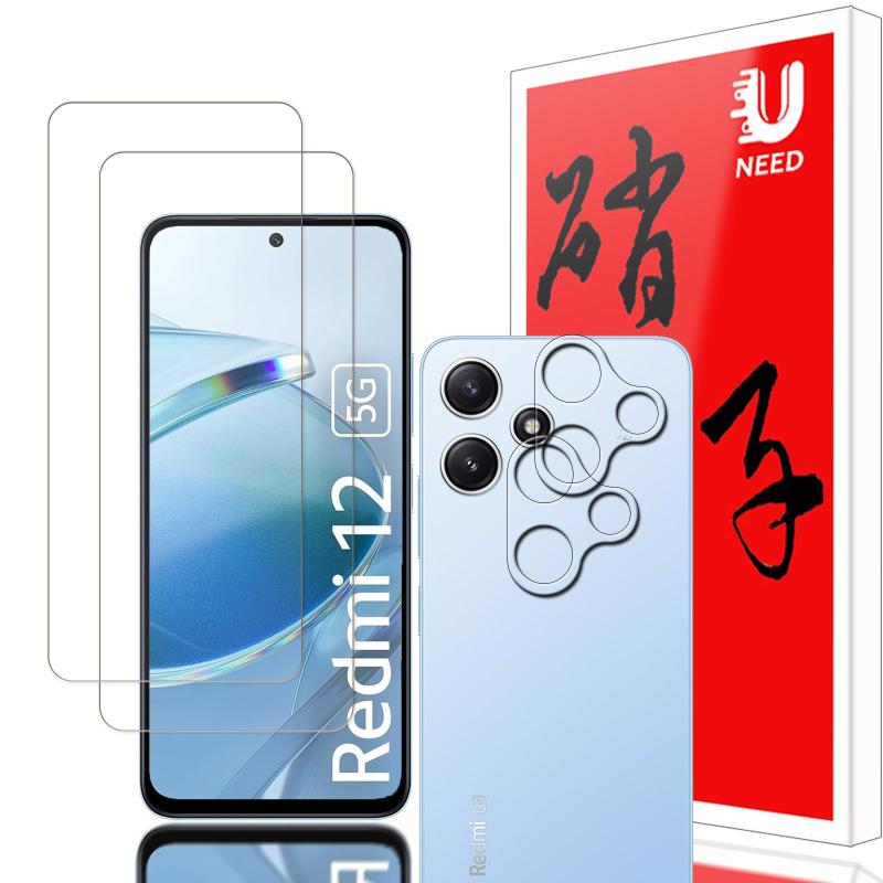 【2+2枚セット】UNEED Xiaomi Redmi 12 5G 用のガラスフィルム（2枚）+カメラフィルム（2枚）シャオミ Redmi 12 5G 用の フイルム 強化液晶保護フィルム ワンタッチ貼付け/気泡ゼロ/ケースと干渉せず/
