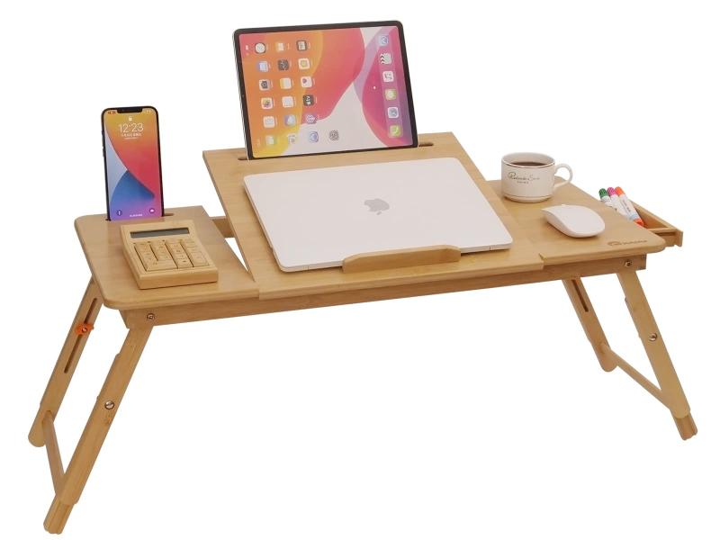 ノートパソコンデスク ベッドテーブル ノートパソコンテーブル ベッドデスク 折り畳み テーブル 木製 ラップデスク ローテーブル 高さ調整 角度調整 タブレット, スマホホルダー 引き