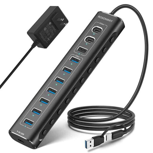 ROSONWAY USB ハブ10Gbps 11ポート 20W PDx1 USB C 3.2x2 USB A 3.2x1 USB 3.0x7 2 in 1 ケーブル 付き アルミ製 USB HUB セルフパワーとバスパワー両用 12V 5A 電源 独立ス ROSONWAY USB ハブ10Gbps 11ポート 20W PDx1 USB C 3.2x2 USB A 3.2x1 USB 3.0x7 2 in 1 ケーブル 付き アルミ製 USB HUB セルフパワーとバスパワー両用 12V 5A 電源 独立ス