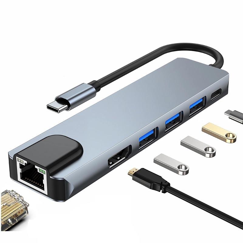 USB C ハブ 6 in 1 Type-C HUB NMEPLAD【HDMI+PD+RJ45+3*USB3.0】ギガビットイーサネット LAN ポート1000M 、4K@30Hz解像度、100w PD高速充電ポート、3* USB3.0 5 Gbps 高速データ転送(USB-C ハブ 6-in-1 (LAN 1000M))