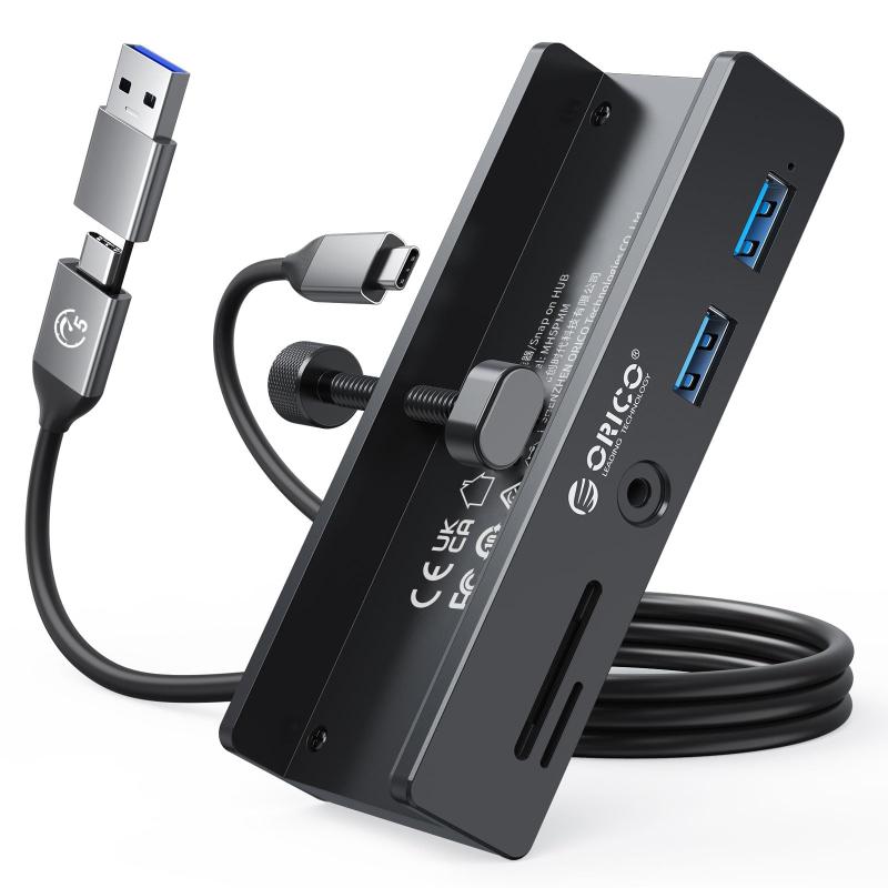 USB C ハブ クランプ 固定 5Gbps高速転送 Micro SD/SDカードリーダー USB-Aポート 3.5mmオーディオポート USB-C 給電ポート付き（5V） バスパワー/セルフパワー両対応 2-IN-1 1mケーブル付き アルミ