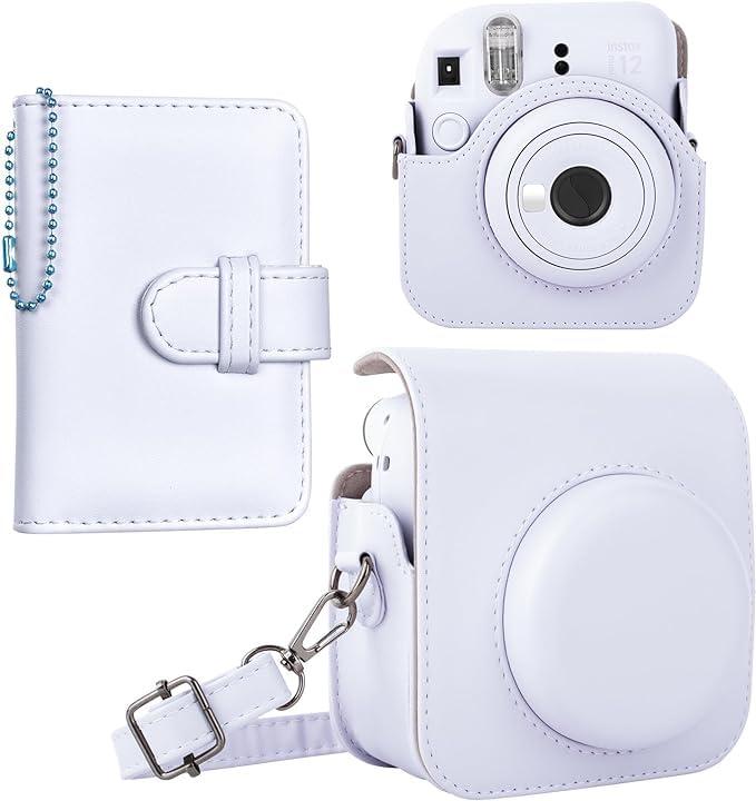 HIYQIN チェキケース instax mini 12ケース,Fujifilm チェキ12ケース と28枚写真入れアルバム付き2点セット チェキ mini 12カメラケース ショルダーストラップ付き PUレザー - ホワイト