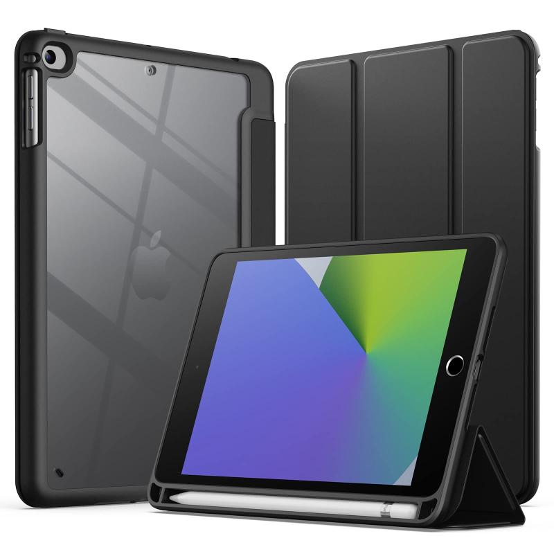 JEDirect iPad mini 5/4 ケース (7.9インチ、2019/2015モデル) Pencil収納可能 透明バックカバー 薄型 スタンド 衝撃吸収 タブレットカバー オートウェイク/スリープ機能 (ブラック)