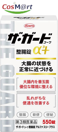 【特徴】 腸内には多くの腸内細菌が常在しており、善玉菌と悪玉菌のバランスを保つことで 腸内環境は維持されています。加齢や食生活の変化、不規則な生活、ストレスなどに よりこのバランスが乱れると、腸内環境が悪化し、大腸の機能を低下させる原因に なることがあります。ザ・ガードコーワ整腸錠α3+は、腸で働く納豆菌・乳酸菌・ ビフィズス菌の3つの生菌が生きたまま大腸に届くよう処方設計されており、腸内の 善玉菌の増殖を助け、悪玉菌の増殖を抑えることで腸内環境を整えていきます。 本剤をおのみになりますと、軟便や便秘、腹部膨満感など様々な症状を改善し、 おなかの調子を整えていきます。 【使用上の注意】 ■してはいけないこと■ ■相談すること■ ■■相談すること■■ 1.次の人は服用前に医師、薬剤師又は登録販売者に相談してください (1)医師の治療を受けている人。 (2)薬などによりアレルギー症状を起こしたことがある人。 (3)次の診断を受けた人。腎臓病、甲状腺機能障害 (4)抗凝血剤「ワルファリン」を服用している人。 2.服用後、次の症状があらわれた場合は副作用の可能性がありますので、直ちに服 用を中止し、この添付文書を持って医師、薬剤師又は登録販売者に相談してくだ さい 関係部位・・・症状 皮膚・・・発疹・発赤、かゆみ 消化器・・・腹部膨満感、腹痛、はきけ 3.服用後、次の症状があらわれることがありますので、このような症状の持続又は 増強が見られた場合には、服用を中止し、この添付文書を持って医師、薬剤師又 は登録販売者に相談してください 便秘、下痢 4.2週間位服用しても症状がよくならない場合は服用を中止し、この添付文書を持 って医師、薬剤師又は登録販売者に相談してください 【効能・効果】 整腸(便通を整える)、軟便、便秘、胃部・腹部膨満感、消化不良、もたれ、胃弱、 食欲不振、食べ過ぎ、飲み過ぎ、はきけ、嘔吐、胸やけ、胸つかえ、胃部不快感、 胃重、胃酸過多、げっぷ、胃痛 【用法・用量】 下記の量を毎食後に水又は温湯で服用してください。 年齢・・・1回量・・・1日服用回数 成人(15歳以上)・・・3錠・・・3回 8歳以上15歳未満・・・2錠・・・3回 5歳以上8歳未満・・・1錠・・・3回 5歳未満の幼児・・・服用しないこと 【用法・用量に関連する注意】 用法・用量を厳守すること。 【成分・分量】 9錠中 成分・・・分量・・・作用 納豆菌末・・・10mg ・・・腸内の善玉菌であるビフィズス菌の増殖を助け、整腸作用を示します。 ラクトミン(乳酸菌)・・・30mg ・・・腸内で乳酸を作り、悪玉菌の増殖を抑え、整腸作用を示します。 ビフィズス菌・・・30mg ・・・腸内で酢酸と乳酸を作り、悪玉菌の増殖を抑え、整腸作用を示します。 ジメチルポリシロキサン・・・84.6mg ・・・胃腸管内のガスを除去し、胃部・腹部の膨満感などの症状を改善します。 センブリ末・・・30mg ・・・弱った胃の働きを高めます。 ケイヒ末・・・30mg ・・・弱った胃の働きを高めます。 ウイキョウ末・・・30mg ・・・弱った胃の働きを高めます。 メチルメチオニンスルホニウムクロリド・・・30mg ・・・荒れた胃粘膜を保護・修復します。 沈降炭酸カルシウム・・・300mg ・・・胃酸を中和して、胃酸に弱い乳酸菌・ビフィズス菌をまもります。 水酸化マグネシウム・・・300mg ・・・胃酸を中和して、胃酸に弱い乳酸菌・ビフィズス菌をまもります。 パントテン酸カルシウム・・・22.5mg ・・・善玉菌の増殖を促します。 〔添加物〕乳酸Ca、乳糖、ヒドロキシプロピルセルロース、D-ソルビトール、 セルロース、ケイ酸Ca、無水ケイ酸、クロスカルメロースNa、l-メントール、 ステアリン酸Mg、バレイショデンプン、二酸化ケイ素 メチルメチオニンスルホニウムクロリドなどが配合されていますので、特有のニオイ があります。 【保管及び取扱いの注意】 1.高温をさけ、直射日光の当たらない湿気の少ない涼しい所に密栓して保管してください。 2.小児の手の届かない所に保管してください。 3.他の容器に入れ替えないでください。(誤用の原因になったり品質が変わります。) 本剤の容器は乾燥剤の機能を持たせています。 4.水分が錠剤につくと、特有のニオイが強くなったり内容成分の変化のもととなり ますので、水滴を落としたり、ぬれた手で触れないでください。誤って錠剤をぬ らした場合は、ぬれた錠剤を廃棄してください。 5.容器の中の詰め物(ビニール)は、輸送中に錠剤が破損するのを防止するために 入れてあるもので、キャップをあけた後は、必ず捨ててください。 6.容器のキャップのしめ方が不十分な場合、湿気などにより、品質に影響を与える 場合がありますので、服用のつどキャップをよくしめてください。 7.外箱及びラベルの「開封年月日」記入欄に、キャップをあけた日付を記入してく ださい。 8.使用期限(外箱及びラベルに記載)をすぎた製品は服用しないでください。 また、一度キャップをあけた後は、品質保持の点から開封日より6ヵ月以内を目 安に服用してください。 【発送について】 こちらの商品は【定形外郵便】にてお届けいたします。 【その他】 ※こちらの商品は予告なくパッケージが変更される場合がございます。 ※医薬品の商品は消費期限6か月以上のものを発送させて頂きます。 ※二個以上お買い求めの際、発送方法はスタッフがお客様のお住いの地域によって変更させていただく場合がございます。 ※複数の店舗で在庫を共有しておりますので、在庫切れの場合もございます。予めご了承ください。 【お問い合わせ先】 お買い求めのお店又は下記へお願いします。 興和株式会社 医薬事業部 お客様相談センター 〒103-8433 東京都中央区日本橋本町三丁目4-14 03-3279-7755 月~金(祝日を除く)9:00~17:00 ●興和製品サイト 【広告文責】 株式会社コスコ 電話：0263-87-9780