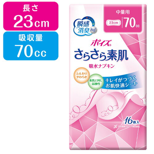 中量用(70cc、長さ23cm) ポイズ さらさら素肌 吸水ナプキン 16枚入 日本製紙クレシア(Crecia) 瞬間消臭 尿漏れ【今だけ限定SALE】