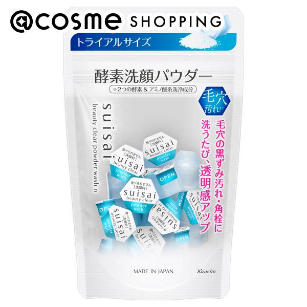 2つの酵素＆アミノ酸系洗浄成分配合※で毛穴の黒ずみ汚れ・角栓・ザラつき・古い角質をうるおいを守りながら取り去って、洗うたび透明感がアップ。つるつるすべすべな素肌に洗い上げる酵素洗顔パウダー。お肌を洗浄し、ニキビを防ぎます。※洗浄成分：タンパク分解酵素（プロテアーゼ）、皮脂分解酵素（リパーゼ）、アミノ酸系洗浄成分（ラウロイルグルタミン酸Na、ミリストイルグルタミン酸Na）【使い方】＜ご使用法＞ 手のひらに1回分（1カプセル）のパウダーをとり少量の水またはぬるま湯でよく泡立てて洗顔します。どちらか一方のシールの先からあけてください。 ブランド名suisai 商品名ビューティクリア パウダーウォッシュN（トライアル） カテゴリスキンケア・基礎化粧品 ＞ 洗顔料 ＞ 洗顔パウダー使用感/香り無香料型　式本体内容量6G成　分成分：タルク、ココイルイセチオン酸Na、オレフィン（C14-17）スルホン酸Na、ラウロイルグルタミン酸Na、ラウリン酸K、ミリストイルグルタミン酸Na、カラギーナン、シルク、メチコン、イソステアリルアルコール、BHT、DPG、エチルグルコシド、乳酸、水酸化K、プロテアーゼ、ヒアルロン酸Na、リパーゼ、メチルパラベンメーカー・販売業者カネボウ化粧品　（商品に関するお問合せ）区　分 化粧品JANコード4973167823910広告文責株式会社アイスタイルリテール　03-5575-1272