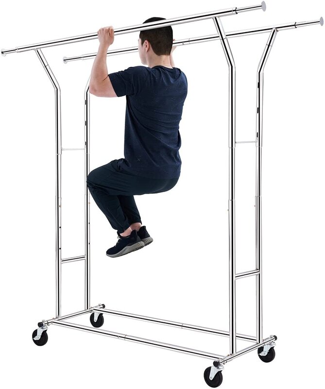 HOKEEPER ハンガーラック パイプハンガーラック 耐荷重200KG 業務用 3ウェイ ダブル 大容量 収納ラック 物干し スタンド 洋服ハンガー 衣類収納 コート ロール付き 高さ・縦横伸縮タイプ シルバー 寝室/洗濯室/玄関