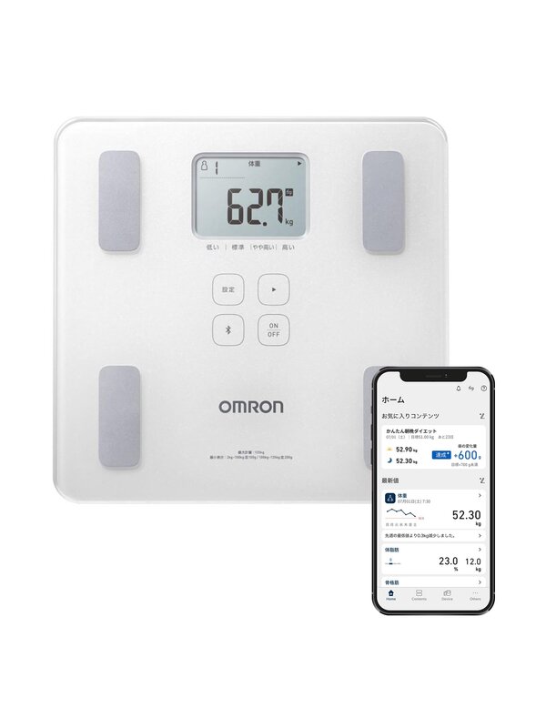 外形寸法:幅 約285 × 奥行き 約280 × 厚さ 約28 mm 本体重量(kg):1.6 Bluetooth通信で測定データをスマートフォンのOmron Connectアプリへ自動転送 乗るだけで電源ONする「ステップオン」機能と、自動的にユーザーを認識する「自動認識」機能搭載で簡単に計測 厚さ28mmで狭いスペースにも置ける薄型設計 測定結果が見やすい、大きな文字表示 付属品・お試し用電池(単4形アルカリ乾電池4本)・取扱説明書(品質保証書付き)・セットアップガイド・コーションシート