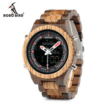木製 腕時計 デュアル表示 アナデジ アナログ デジタル クォーツ ウッド メンズ ボボバード ブラウン BOBO BIRD MEN'S Watch Wood