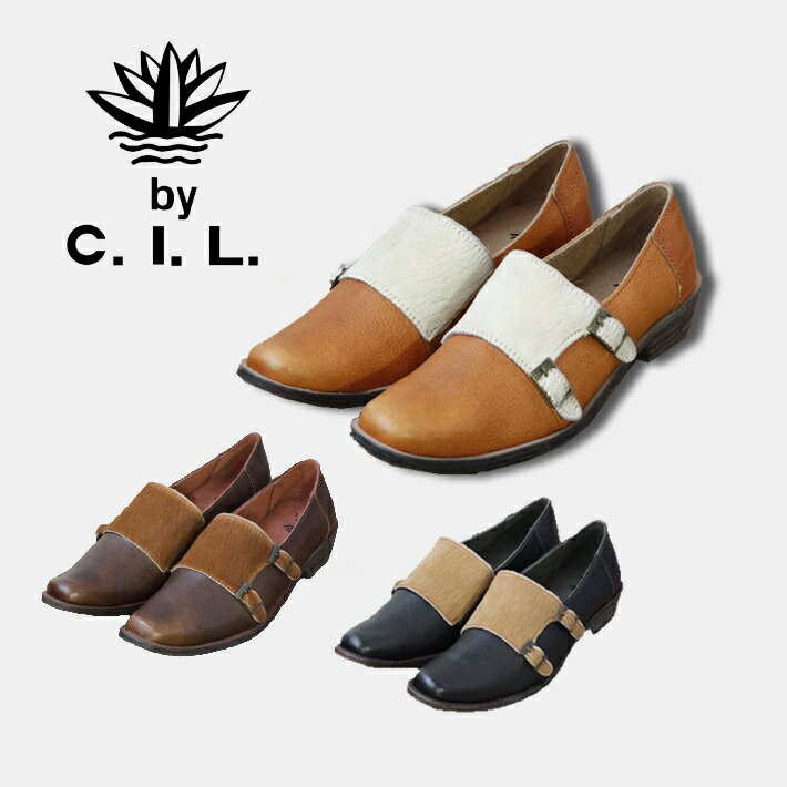 C.I.L ハラコファー×本革 ダブルモンク シューズ レディース 牛革 パンプス フラットシューズ ローヒール バイカラーコンビ素材 ゴム仕様 秋 冬 女性用