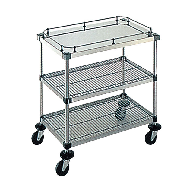 ●ポール高さ692mm・奥行610mm　φ100mmウレタンキャスター使用 自在×3・ストッパー付×1 ※この他にも、棚・ハンドル・キャスター等、豊富なラインナップにより、組み合わせは多様に出来ます。　目的、用途に併せてお選び下さい。 ●オプションハンドル 取付例 トップハンドル1ヶ付（1TOP） TOP-46（D460mmに対応）×1 TOP-61（D610mmに対応）×1 サイドハンドル付（S） SID-46（D460mmに対応）×1 SID-61（D610mmに対応）×1 スペック ブランド　 弁慶 シリーズ　 シェルフワゴン サイズ　 外寸縦×横×全高610×760×H827mm 容量　 - 材質　 18-0ステンレス 生産地　 日本 その他仕様　 - 備考　 - 管理コード　 管理コード：143390 JANコード：4949362686711