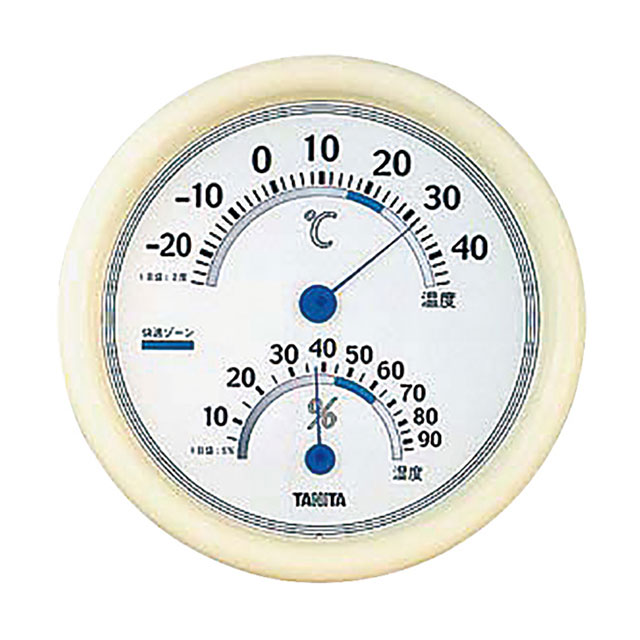 ●測定範囲 温度計：?20℃?40℃（1目盛2℃） 湿度計：10%?90%（1目盛5%） スペック ブランド　 タニタ シリーズ　 - サイズ　 外径φ180mm 容量　 - 材質　 - 生産地　 中国 その他仕様　 - 備考　 - 管理コード　 管理コード：128040 JANコード：4904785551305